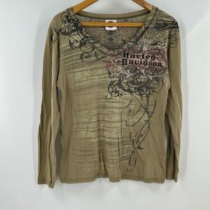Harley-Davidson Womens L Long Sleeve Graphic T-Shirt V-Neck Olive Green 2009 USA